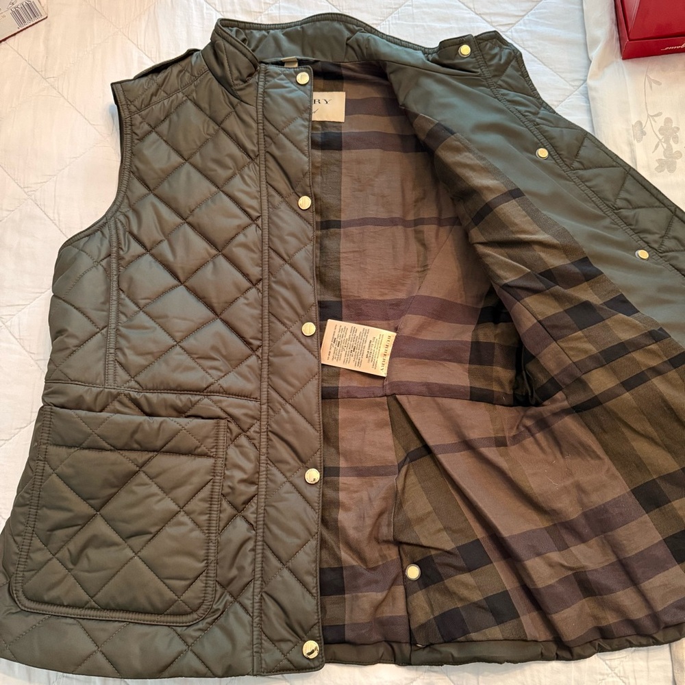 Burberry Olive Green Plaid-Lined Quilted Vest - Picture 2 of 8